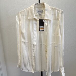 NWT Nine West ivory sheer striped button-up shirt women’s size S long sleeve